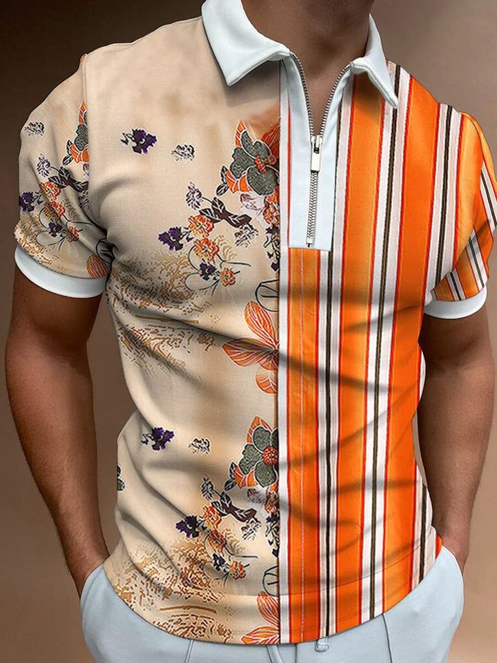 Men's short sleeve polo shirt with half floral and half orange striped pattern and white collar