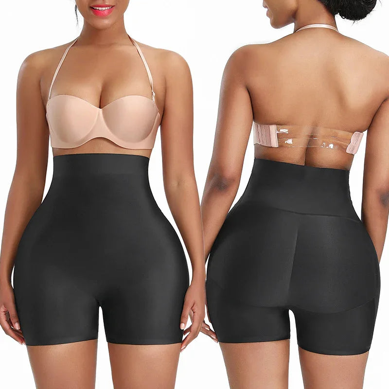 Front and back view of woman wearing black high-waisted shapewear shorts and nude strapless bra