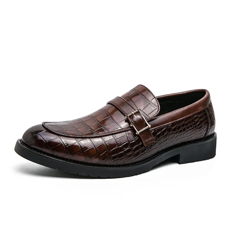 Brown crocodile texture leather men's loafer shoe with buckle and black sole