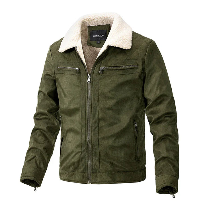 Men's olive green jacket with white sherpa collar and zippered pockets by Hunter Story
