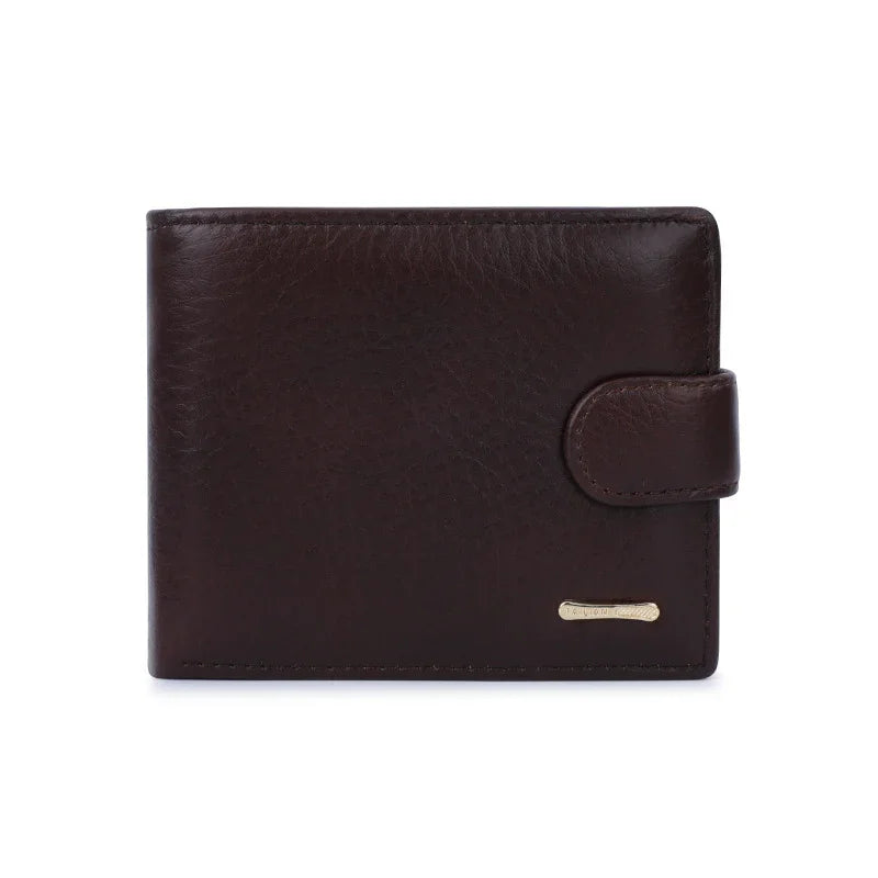 Dark brown leather wallet with snap closure and small gold brand logo on white background