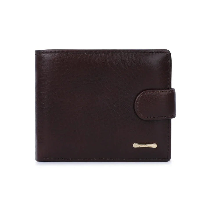 Dark brown leather wallet with snap closure and small gold brand logo on white background