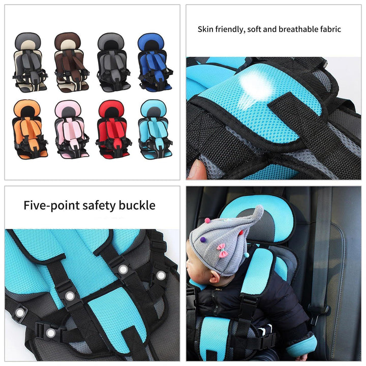 Multi-color soft breathable baby car seats with five-point safety buckles shown with child in blue car seat