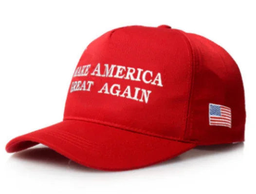Red baseball cap with white embroidered text partially visible 'AMERICA GREAT AGAIN' and a small American flag patch on the side