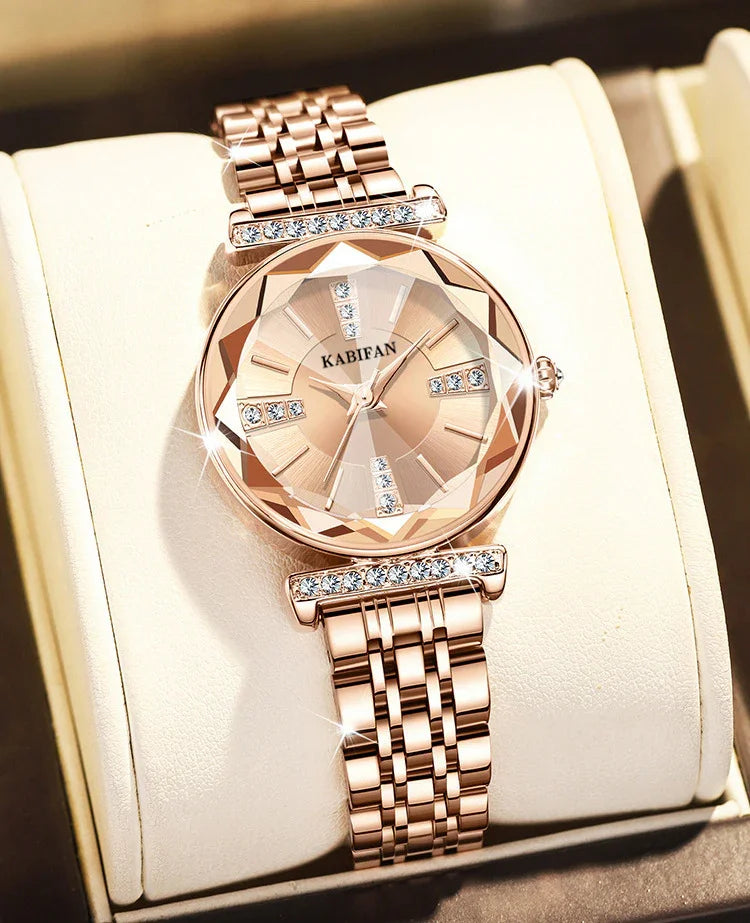 Rose gold KABIFAN women's wristwatch with crystal-studded dial and bracelet, luxury design