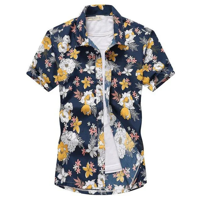 men's short sleeve navy blue Hawaiian floral shirt with yellow, white, and pink flowers over white undershirt