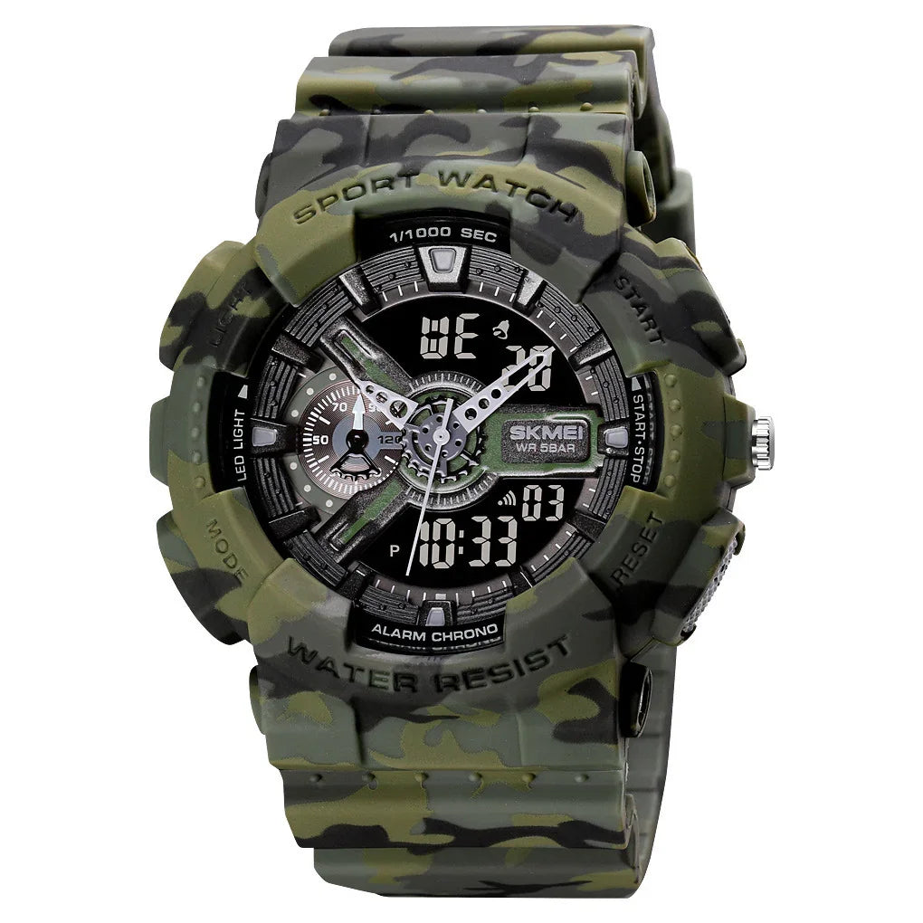 Camouflage sport watch with digital and analog display, water resistant and multiple function buttons