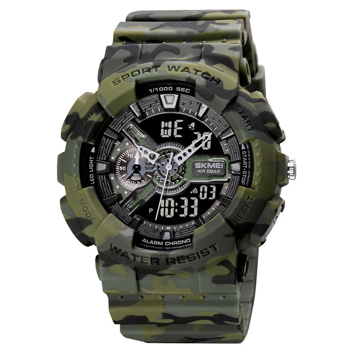 Camouflage sport watch with digital and analog display, water resistant and multiple function buttons