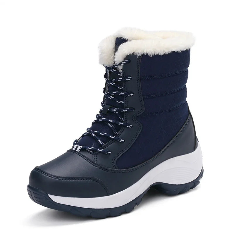 Navy blue winter boot with white faux fur lining and thick treaded sole for cold weather