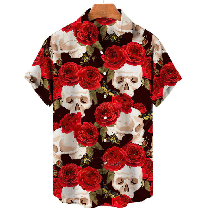 Short sleeve button-up shirt with skull and red rose floral pattern on dark background