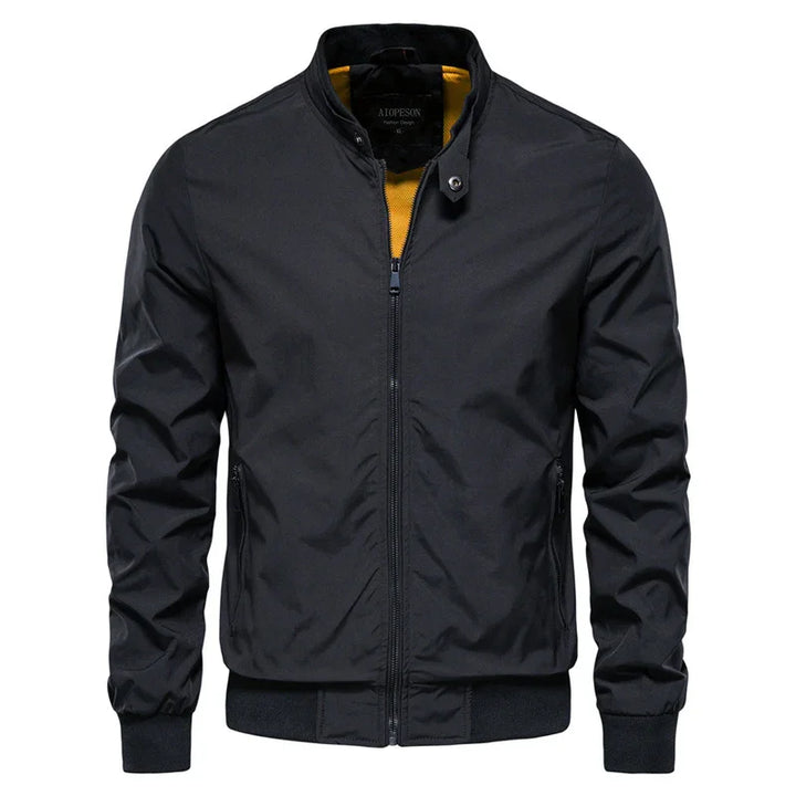 black men's bomber jacket with front zipper, snap collar, and yellow inner lining