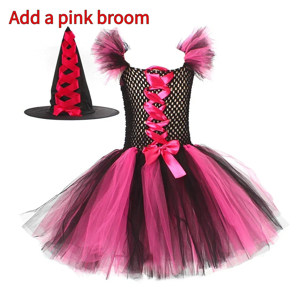 Black and pink witch costume dress with tulle skirt and matching pointed hat with red ribbon