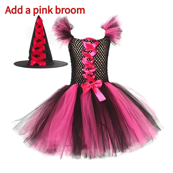 Black and pink witch costume dress with tulle skirt and matching pointed hat with red ribbon