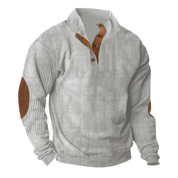 Gray ribbed pullover sweater with brown elbow patches and button-up collar detail