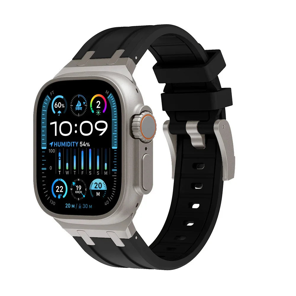 Smartwatch with black band displaying time, humidity, weather, and fitness data on screen