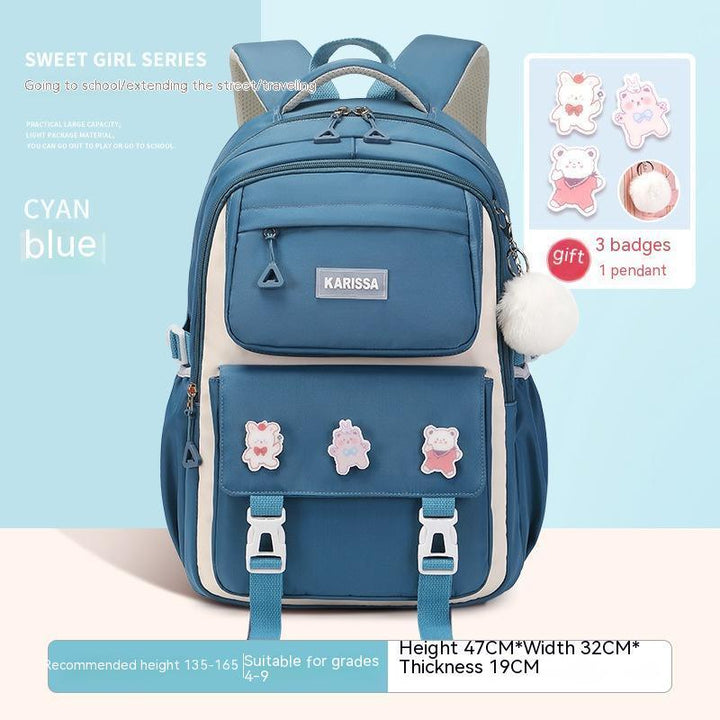 Cyan blue KARISSA girls' school backpack with multiple pockets, decorative badges, and a fluffy pendant