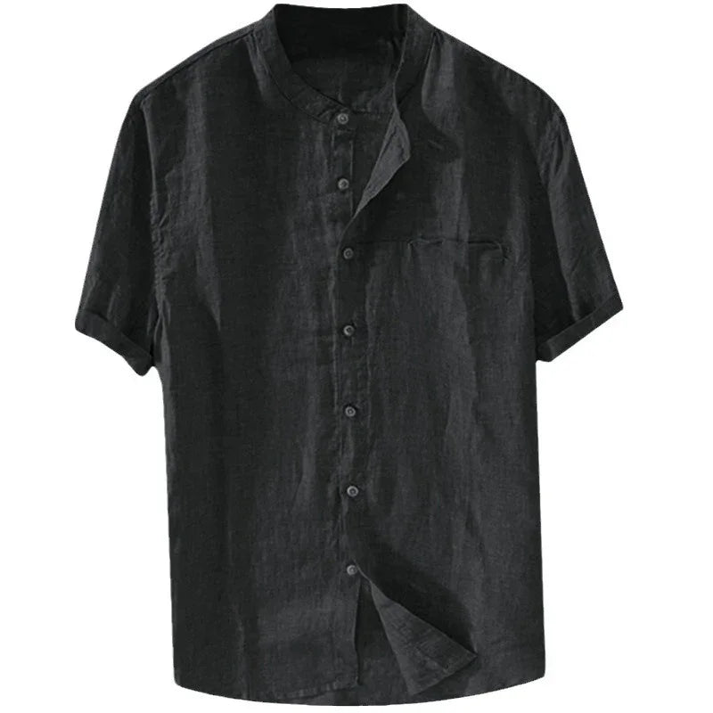 Black short-sleeve linen shirt with mandarin collar and front buttons