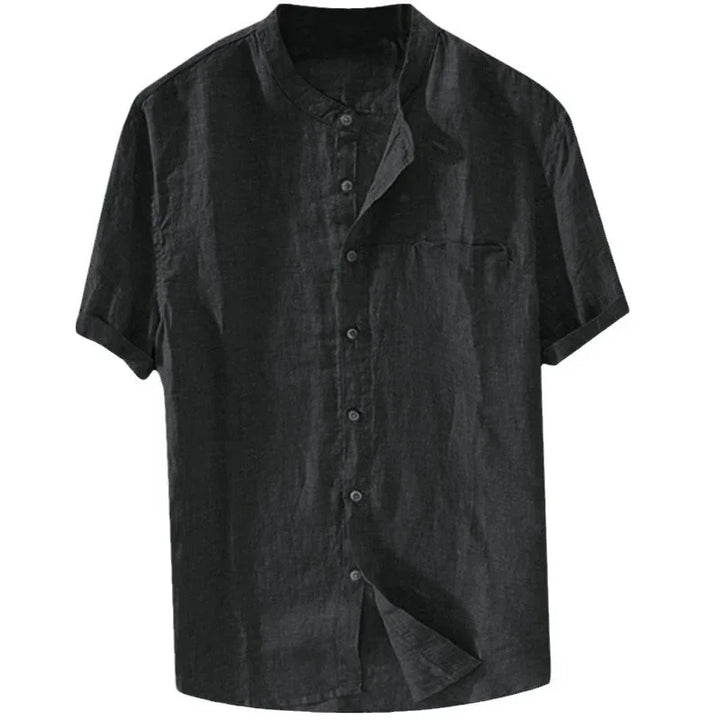 Black short-sleeve linen shirt with mandarin collar and front buttons
