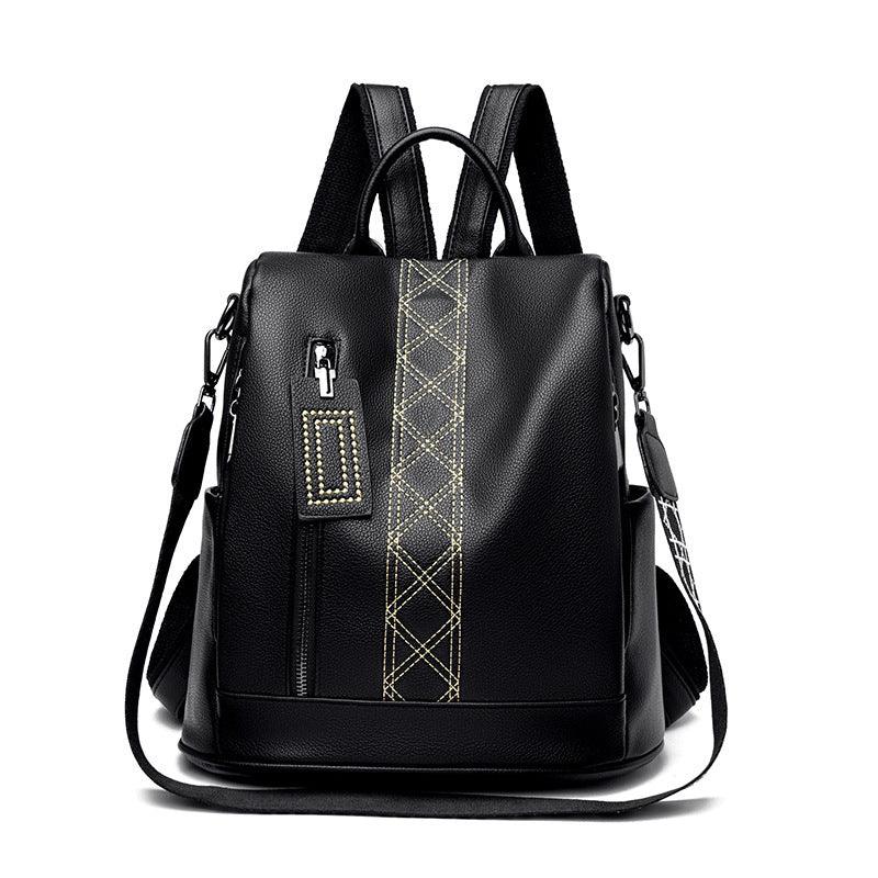 Black leather backpack with front zipper pocket and contrasting white stitched vertical stripe