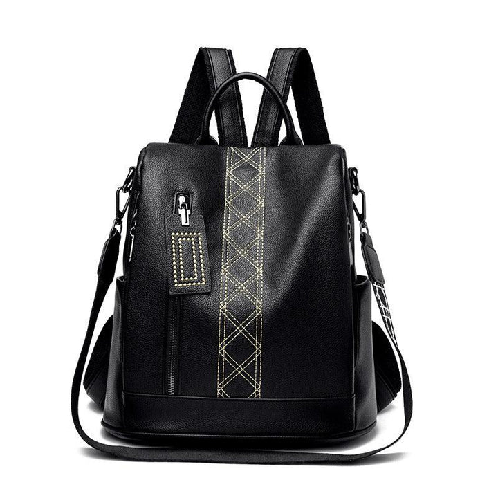 Black leather backpack with front zipper pocket and contrasting white stitched vertical stripe