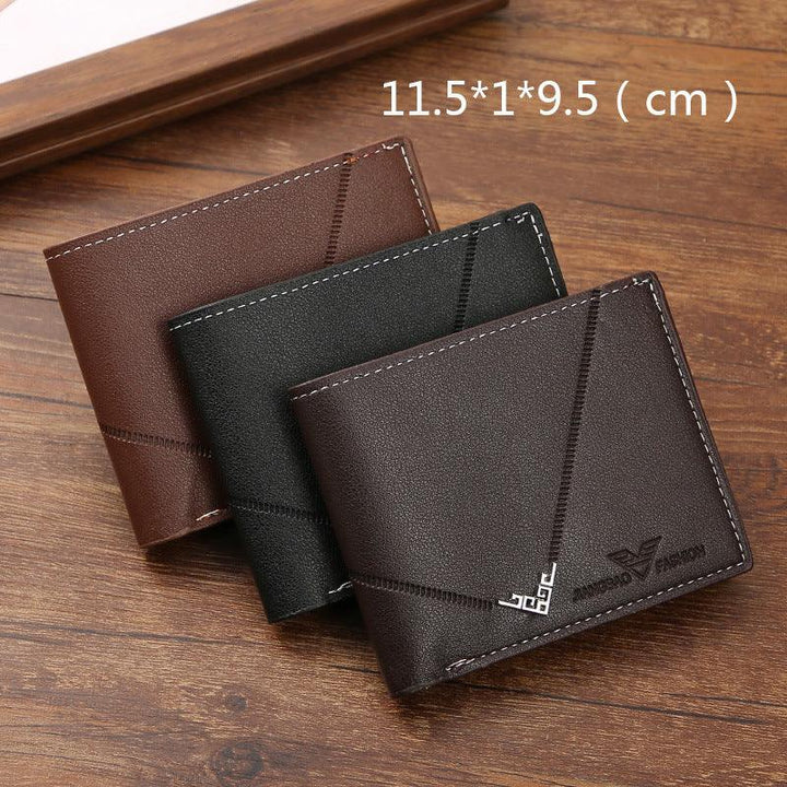 Three men's leather wallets in brown, black, and dark brown on wooden surface with size 11.5x1x9.5 cm