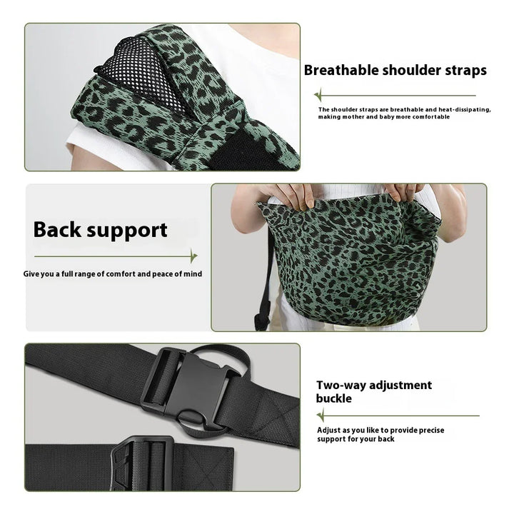 Leopard-print baby carrier with breathable shoulder straps, back support, and two-way adjustment buckle