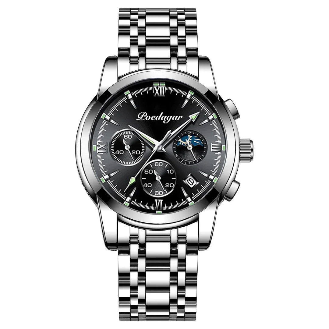Pcedagar men's silver stainless steel chronograph wristwatch with black dial and date display