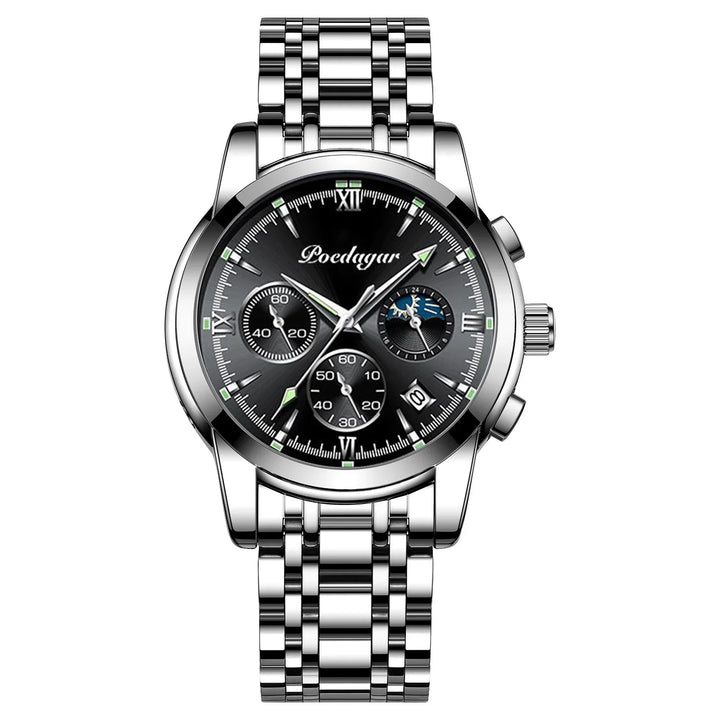 Pcedagar men's silver stainless steel chronograph wristwatch with black dial and date display