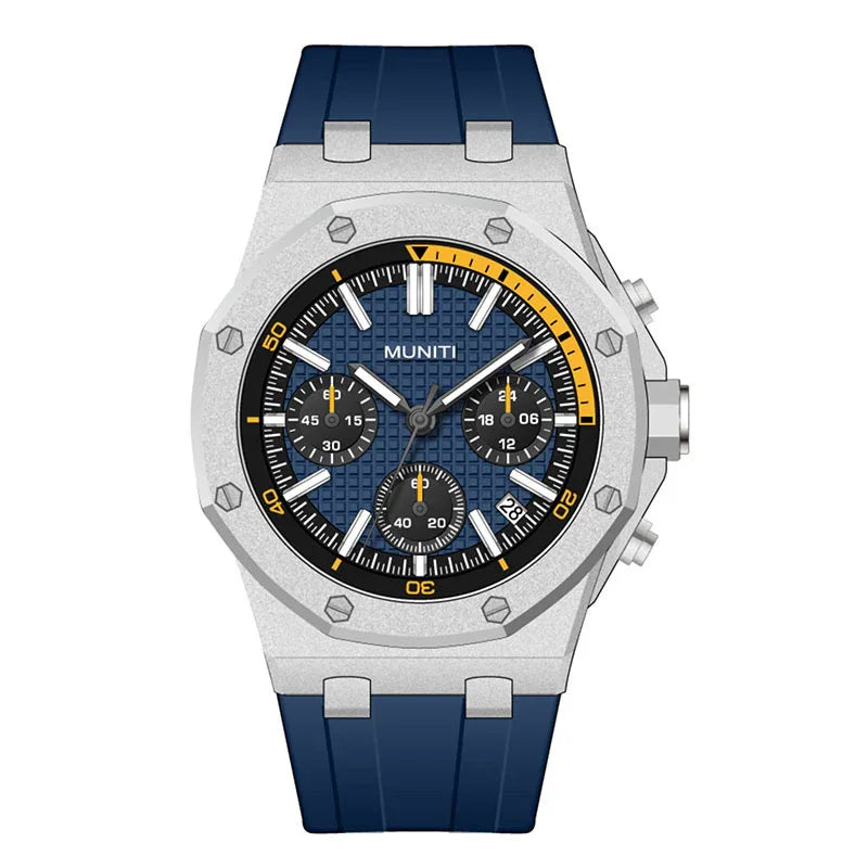 MUNITI men's chronograph watch with blue textured dial, yellow accents, stainless steel case, and blue strap