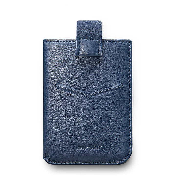 Navy blue leather cardholder wallet with stitched design and pull tab