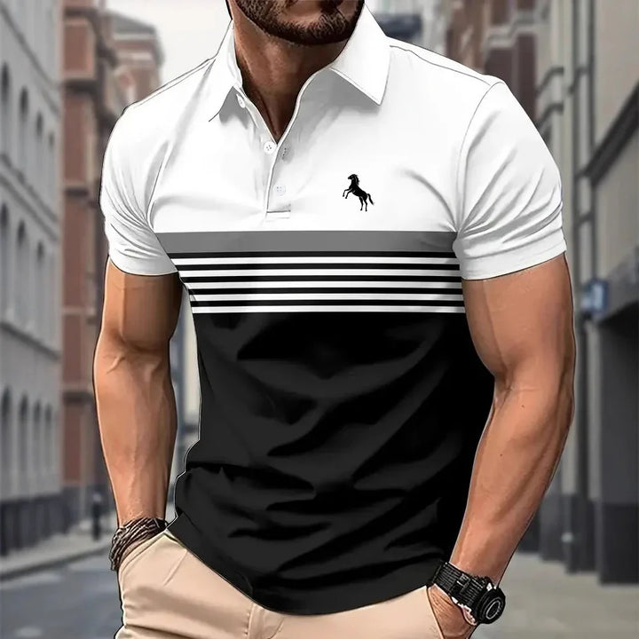 Muscular man wearing a white and black polo shirt with horizontal stripes and horse logo