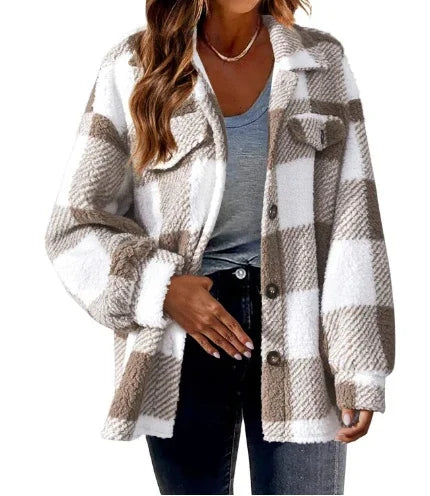 woman wearing beige and white plaid sherpa jacket with button closure and front pockets