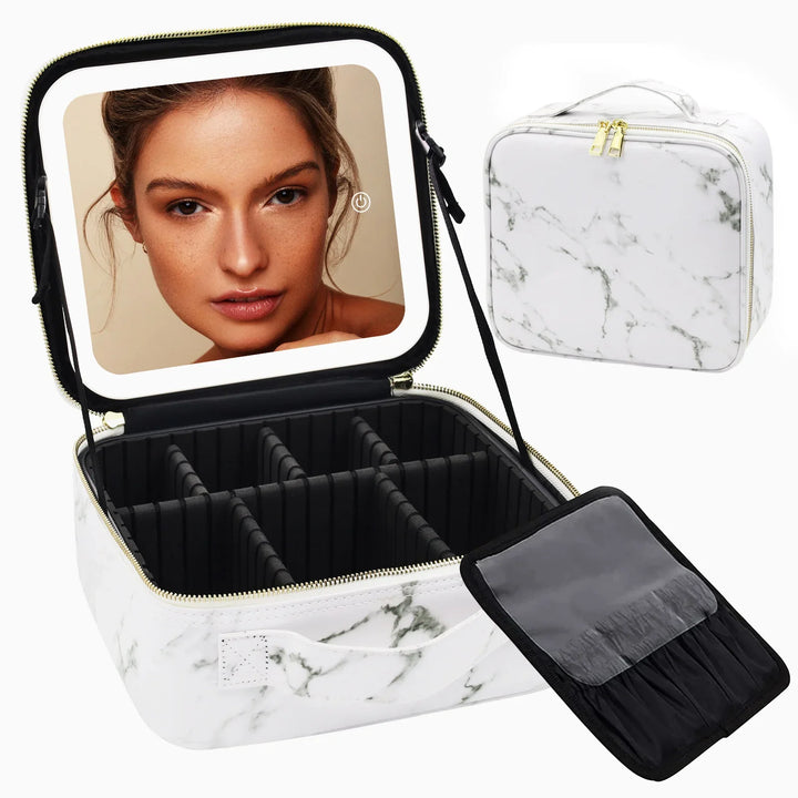 White marble makeup case with built-in LED mirror and adjustable compartments for brushes and cosmetics