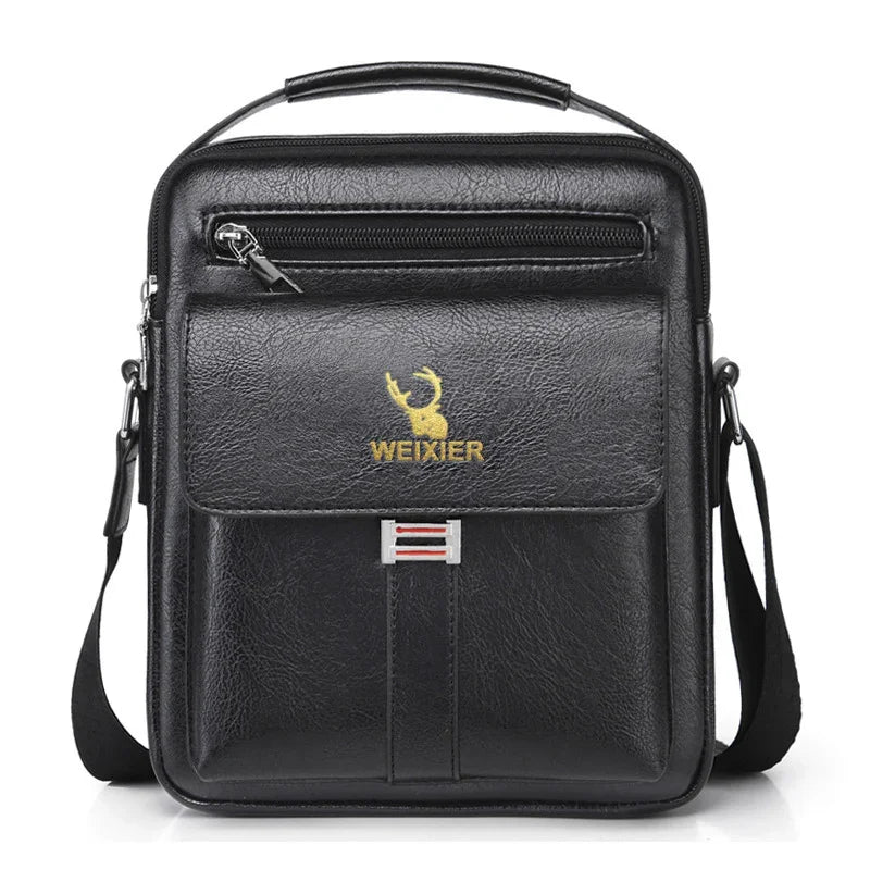 Black leather crossbody bag with front flap pocket, silver buckle, and WEIXIER logo