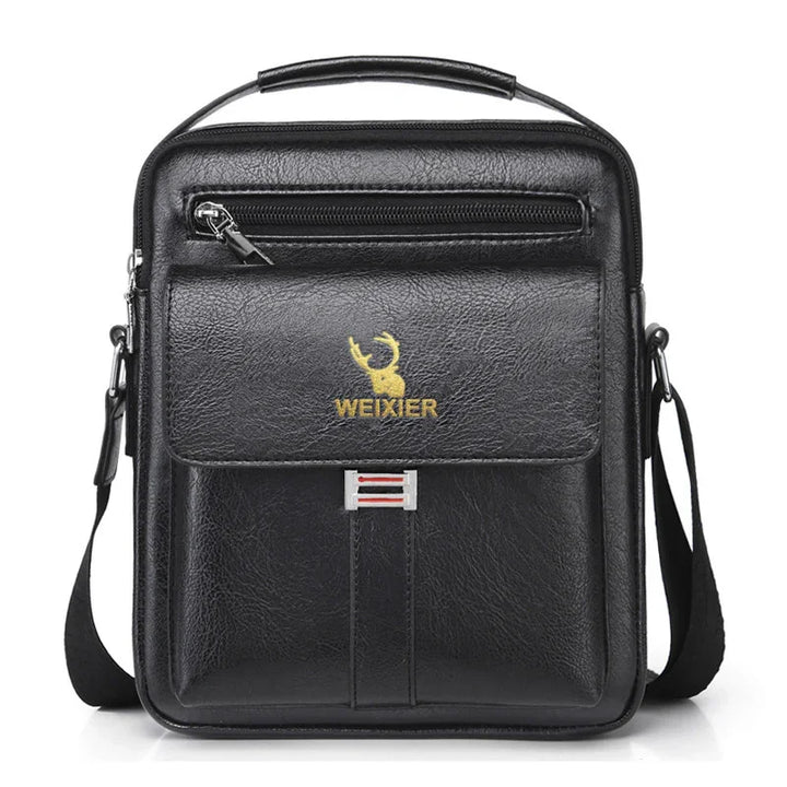 Black leather crossbody bag with front flap pocket, silver buckle, and WEIXIER logo