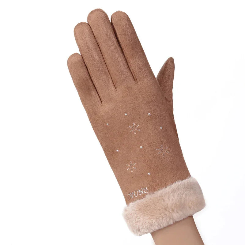 Brown suede winter glove with rhinestone snowflake design and beige faux fur cuff