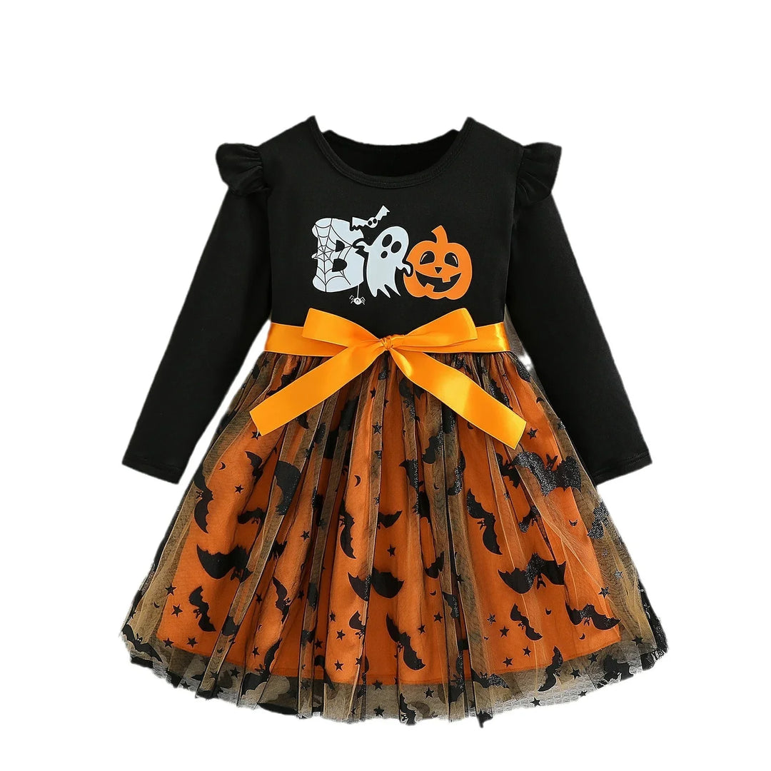 Black and orange Halloween dress with ghost, pumpkin graphics, and bat-patterned skirt with orange bow