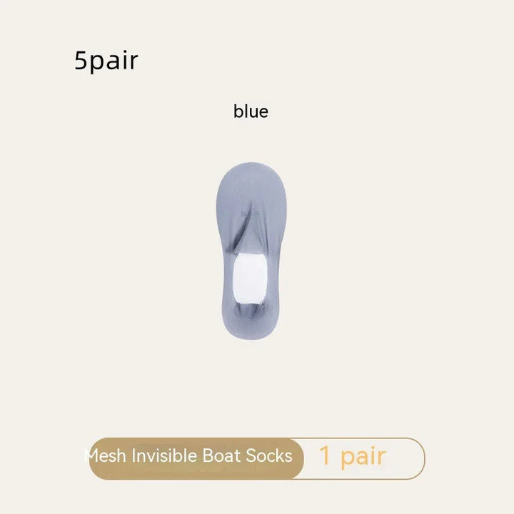 Single blue mesh invisible boat sock displayed on light background, labeled 5 pair pack