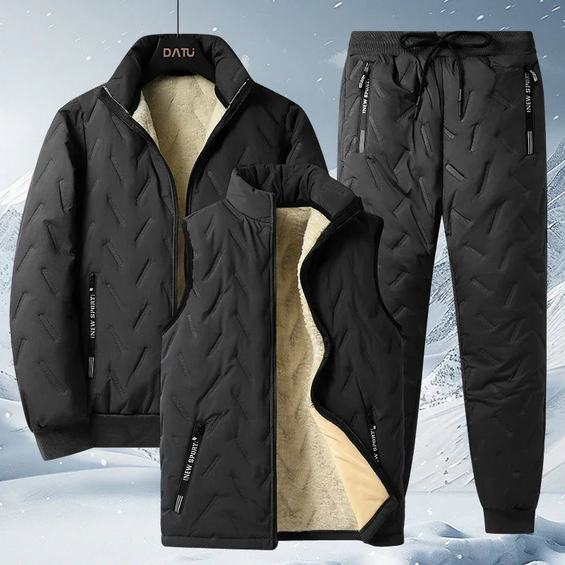 Black winter jacket, fleece vest, and padded pants set with zippered pockets, warm sportswear