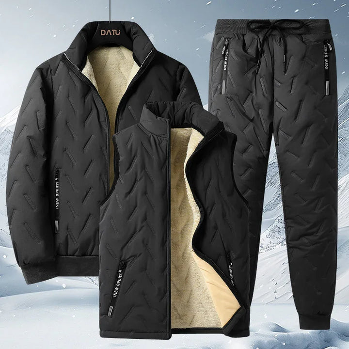 Black winter jacket, fleece vest, and padded pants set with zippered pockets, warm sportswear