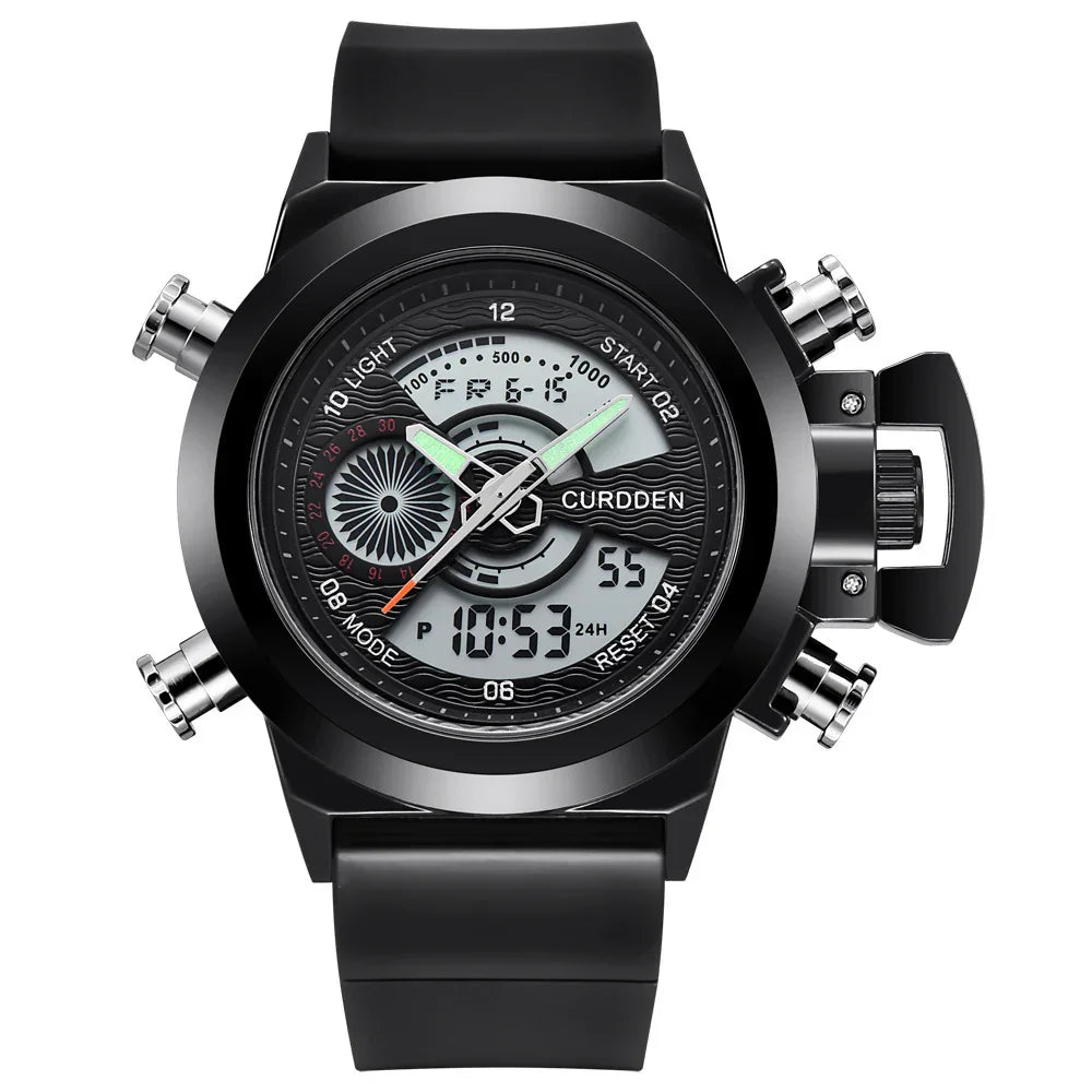 Black Curdden digital and analog sporty wristwatch with rubber strap and multiple function buttons