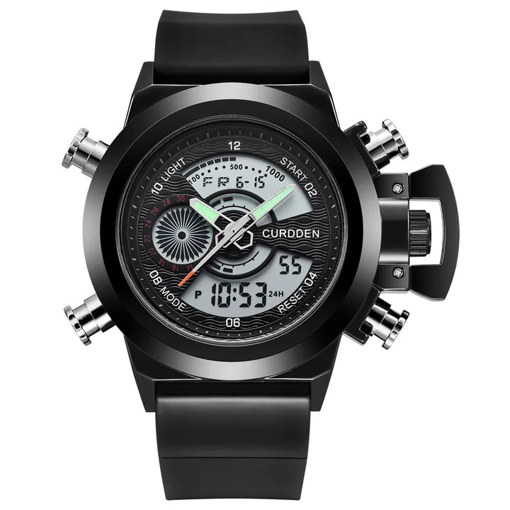 Black Curdden digital and analog sporty wristwatch with rubber strap and multiple function buttons