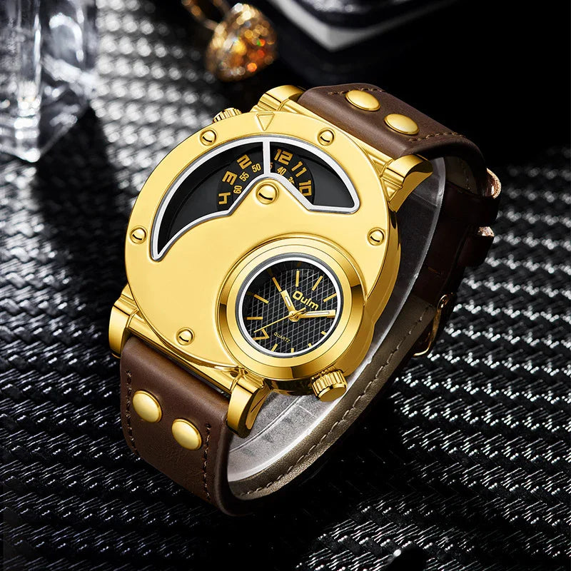 Gold dual dial quartz wristwatch with brown leather strap and decorative rivets on black textured surface