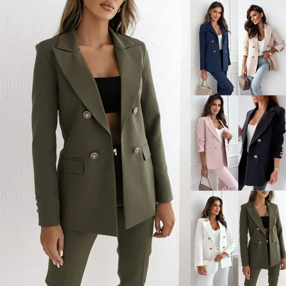 Women modeling stylish double-breasted blazers and matching pants in navy, beige, pink, black, white, and olive green