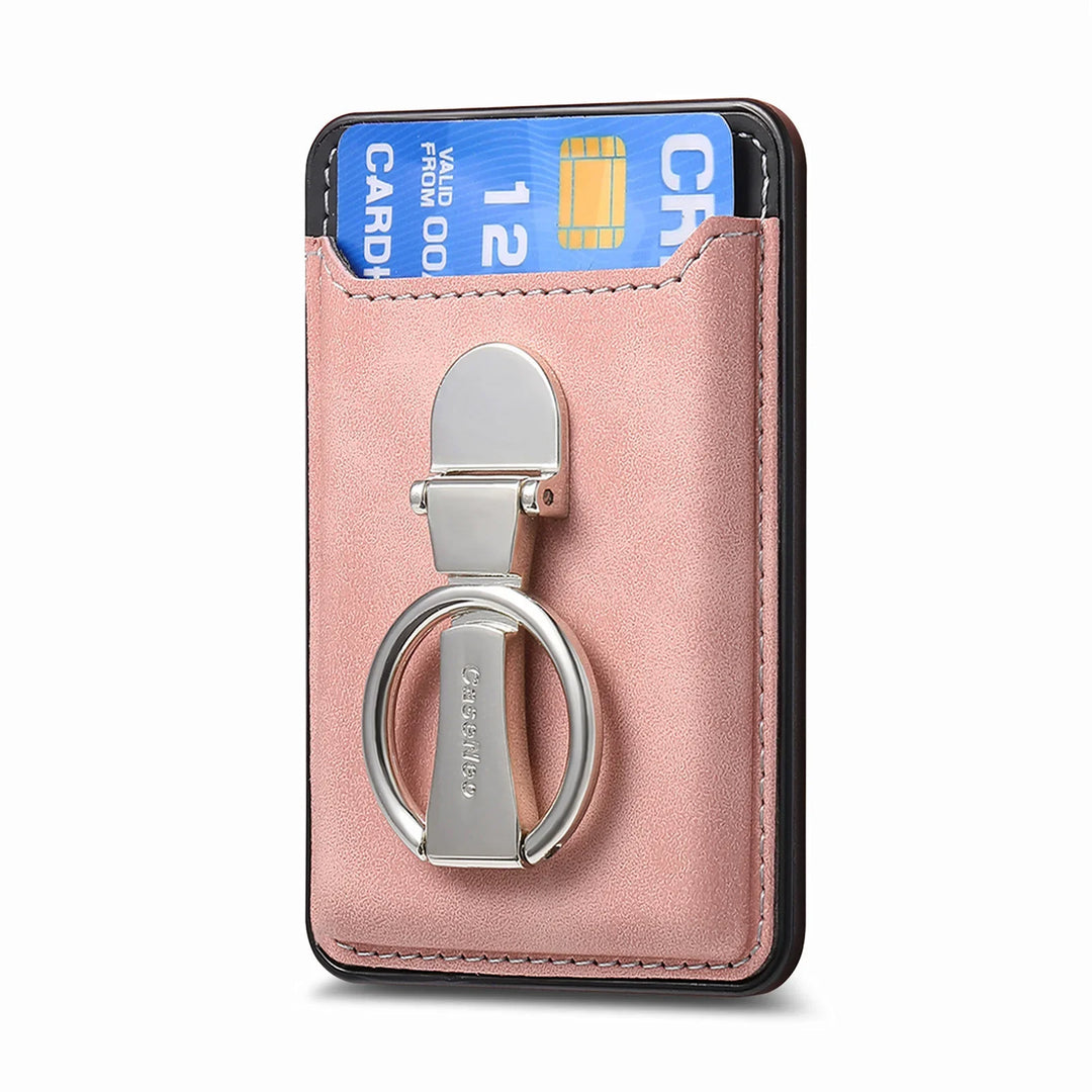 Pink leather card holder wallet with attached silver metal ring and blue credit card inserted