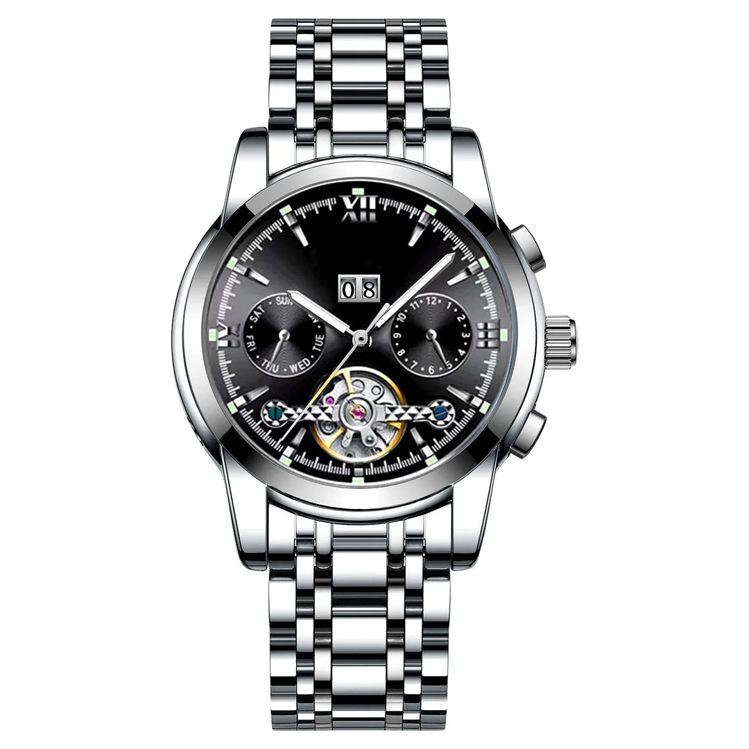 Silver stainless steel men's wristwatch with black dial, date window, day and 24-hour subdials, and open heart mechanism