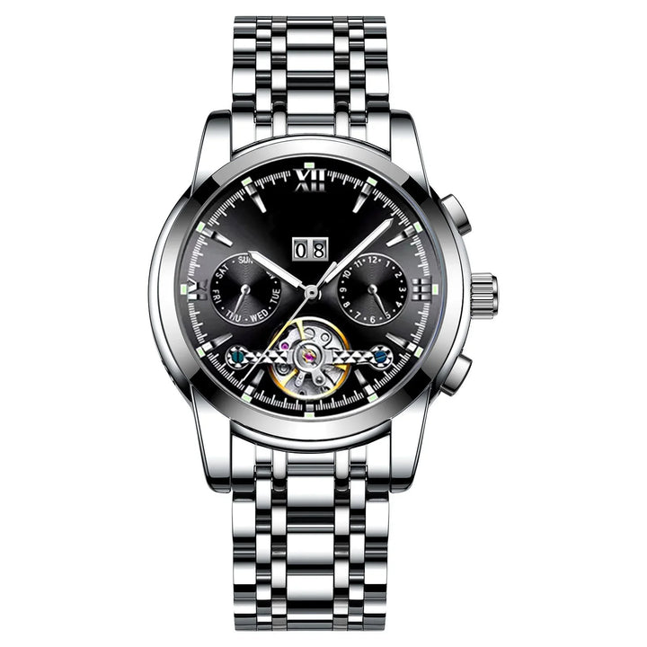 Silver stainless steel men's wristwatch with black dial, date window, day and 24-hour subdials, and open heart mechanism
