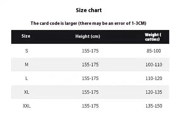 Size chart listing clothing sizes S to XXL with height range 155-175 cm and weight range 85-150 catties