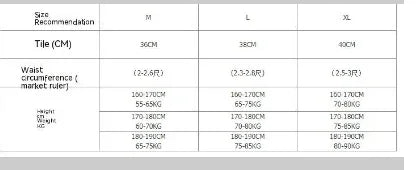 Clothing size chart table showing measurements for M, L, XL including tile, waist circumference, and height and weight recommendations