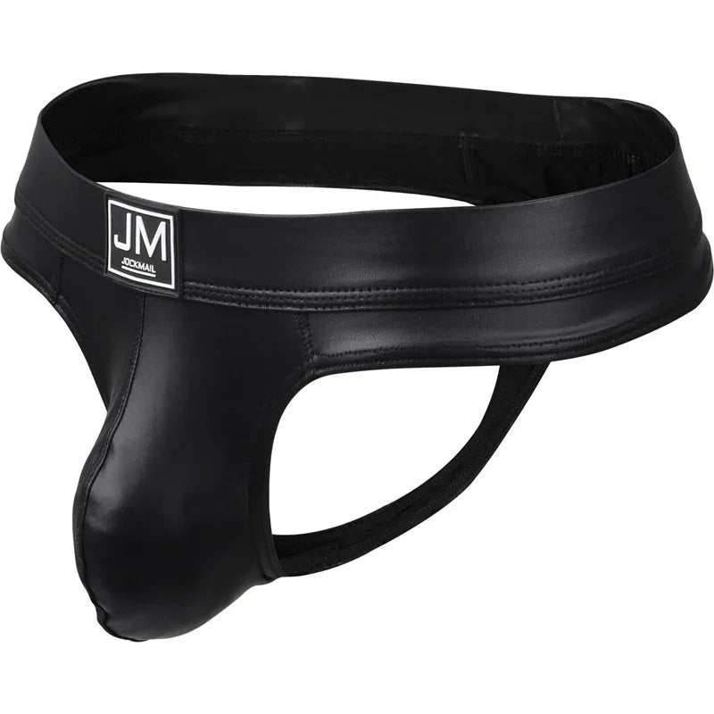 Black men's leather jockstrap with JM Jockmail logo on waistband